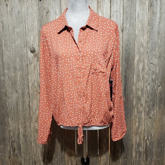 No Boundaries XL 15 17 Top Blouse Orange Dot Tie Front Long Sleeve NOBO New - Picture 1 of 6